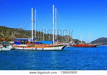 Moored yachts near Kekova island in Turkey