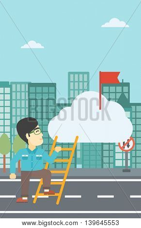 An asian young businessman climbing up the ladder to get the red flag on the top of the cloud on a city background. Vector flat design illustration. Vertical layout.