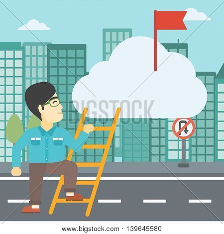 An asian young businessman climbing up the ladder to get the red flag on the top of the cloud on a city background. Vector flat design illustration. Square layout.