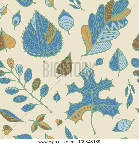 stock vector hand drawing set of leaf.seamless doodle pattern
