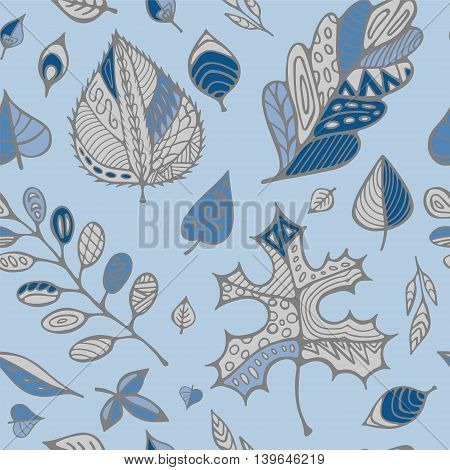 stock vector hand drawing set of leaf.seamless doodle pattern