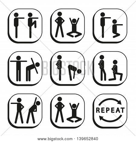 Sport exercises - set of icon with stick figures. Collection of vector logos.