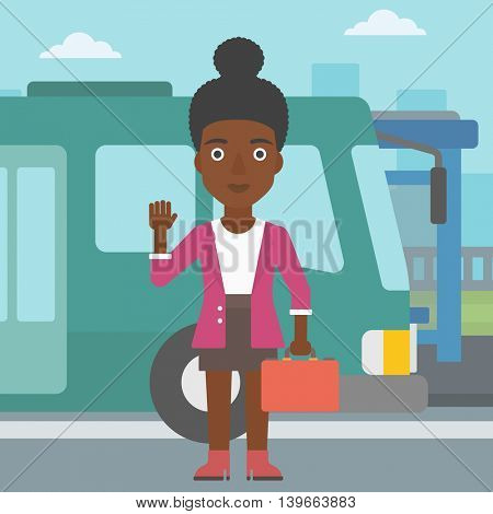 An african-american young woman with suitcase standing at the entrance door of a bus on a city background. Young woman waving in front of a bus. Vector flat design illustration. Square layout.