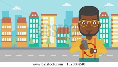 An african-american man holding smartphone and looking at his smart watch. Synchronization between smartwatch and smartphone. Vector flat design illustration. Horizontal layout.
