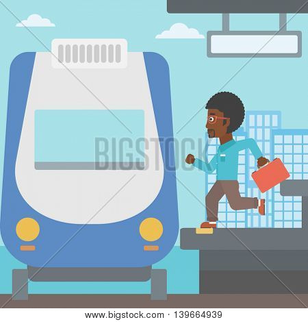 An african-american latecomer man with briefcase running along the platform to reach the train. Hipster man came too late at train station. Vector flat design illustration. Square layout.