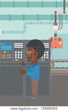 An african-american man working on control panel. Man pressing button at control panel in plant. Engineer standing in front of the control panel. Vector flat design illustration. Vertical layout.
