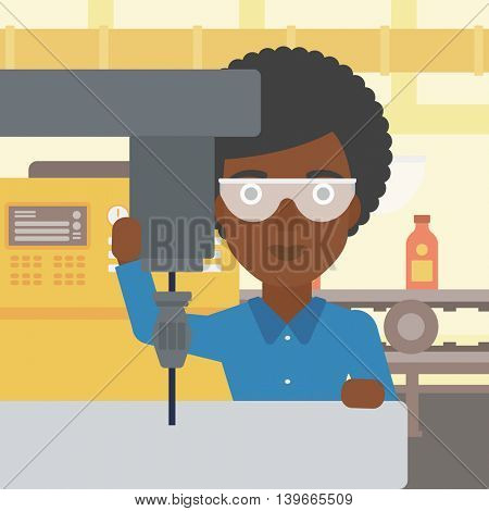 An african-american woman working on milling machine at workshop. Woman using milling machine at factory. Woman making a hole using a milling machine. Vector flat design illustration. Square layout.