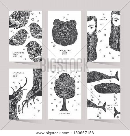 Cards with a trendy hipster print. Set creative cards. Hipster style for invitation, business contemporary design. Illustration in the style of ethno, tribal, aztec, boho.