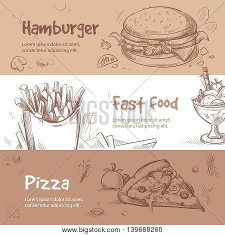Vector banners of fast food design in hand drawn style. Bannner fast food and pizza for menu, illustration breakfast fast food