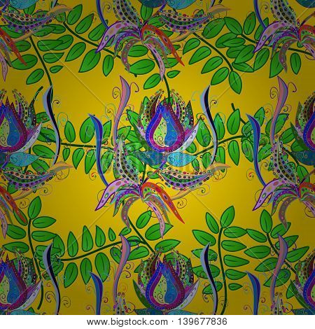 Vector Illustration of pattern with colorful flowers on yellow background.