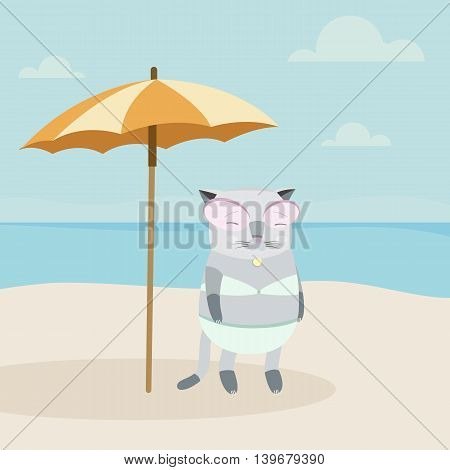 Vector Illustration of a Cat Character on a Sunny Beach