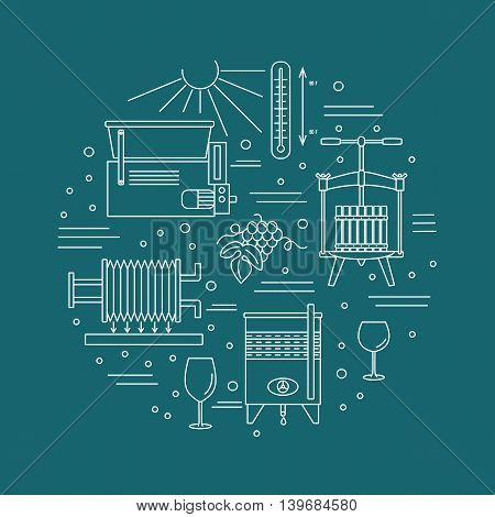 Winery icons arranged in circle composition isolated on blue background. Winemaking wine tasting template for banner flyer t shirt book cover. Winery symbols in line style. Vector illustration.
