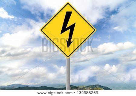 High voltage sign on traffic sign with blue sky