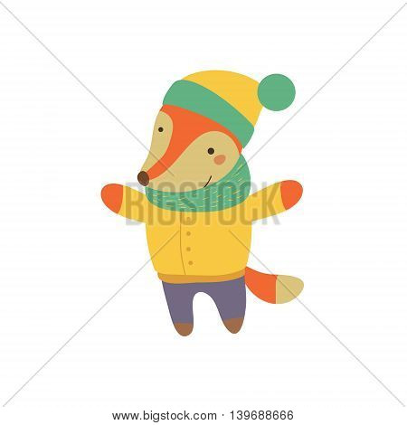 Fox Boy In Yellow Warm Coat Adorable Cartoon Character. Stylized Simple Flat Vector Colorful Drawing On White Background.