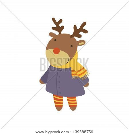 Girl Deer In Blue Warm Coat Adorable Cartoon Character. Stylized Simple Flat Vector Colorful Drawing On White Background.