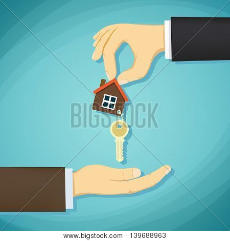 Man holds in his hand the keys to the house. Deal with real estate. Stock Vector cartoon illustration.