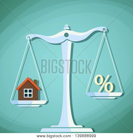 Scales for weighing with a house and percent sign. Stock Vector cartoon illustration.