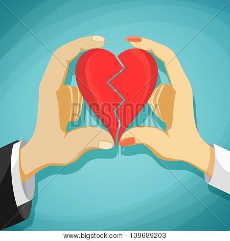 Man and woman is folded red heart. Stock Vector cartoon illustration.