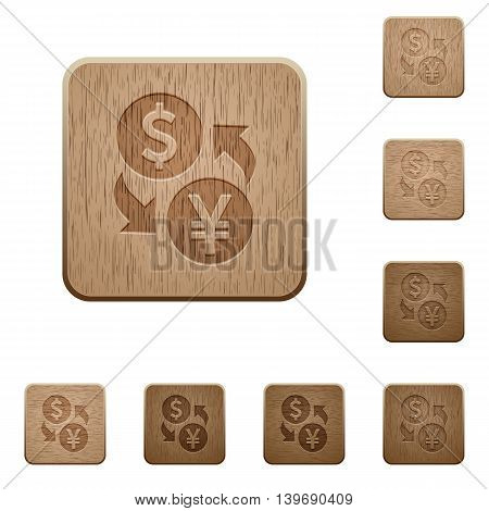 Set of carved wooden Dollar Yen exchange buttons in 8 variations.