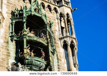 Munich Rathaus Glockenspiel in Action on Sunny Day in Germany