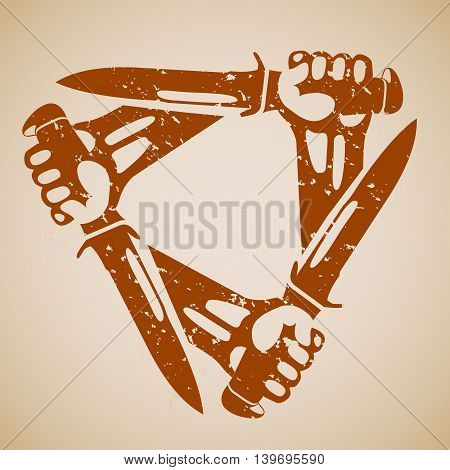 Hands with knives a triangle. Retro styled grunge vector icons.