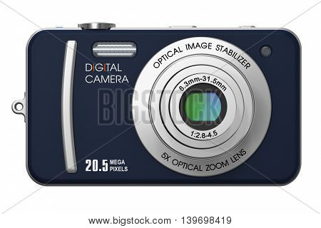 3D render illustration of compact digital photo camera with zoom lens isolated on white background