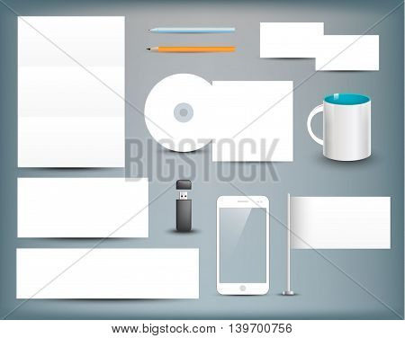Corporate identity templates. Corporate identity templates blank, business cards, disk, envelope, smart phone, pen, pencil, flag, cup, usb flash driver. Isolated with soft shadows