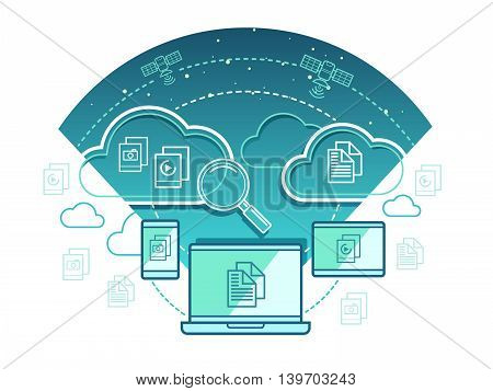 Information technology concept. Communication network, computer connection with cloud data, vector illustration