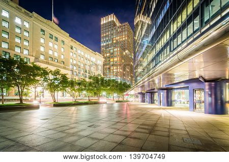 Modern Buildings At Night At Copley, In Back Bay, Boston, Massachusetts.