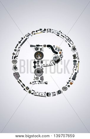 Copyright icone with auto parts for car. Spare parts for car for shop, aftermarket OEM. Many auto parts isolated in copyright icone