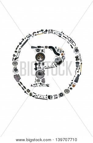 Copyright icone with auto parts for car. Spare parts for car for shop, aftermarket OEM. Many auto parts isolated in copyright icone