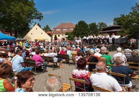 Buchlovice, Czech Republic, July 23, 2016: Celebration of garlic. Traditional farmers harvest celebrations of garlic. Agricultural sales markets. Sales of garlic, performances by folk ensembles.