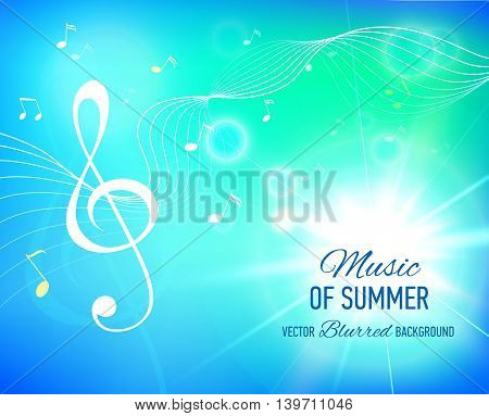 Vector bkue background with music notes and key. Flare. Banner. Designed text.