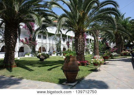 NIKITI,GREECE-JUl 07 2016: View at inboard garden in Porfi Beach hotel, Greeece