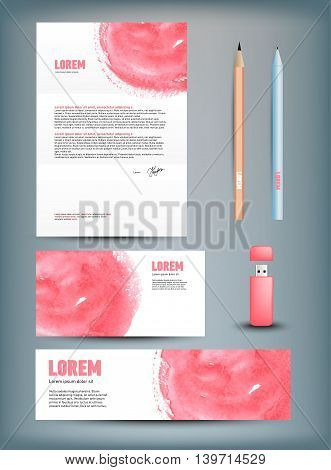 Corporate identity templates disk, pen, pencil, cup, usb flash driver. Isolated with soft shadows Vector illustration