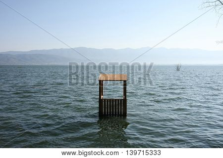 Flooded lifeguards cottage in Dojran lake in Macedonia