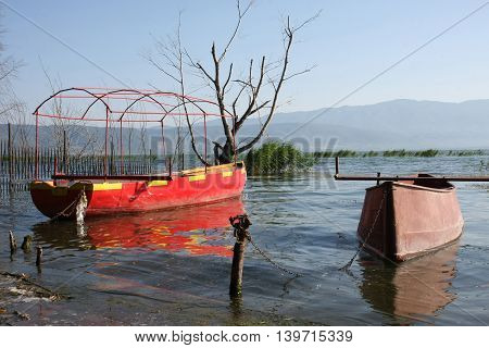 Old boats in Dojran lake in Macedonia after storm