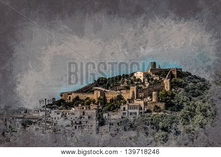 Capdepera castle on green hill in Mallorca island, Spain. Vintage painting, background illustration, beautiful picture, travel texture