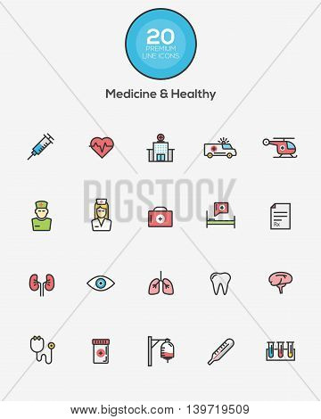 Set of Flat Line Color Medicine and Healthy icons. Vector