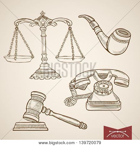 Engraving vintage hand drawn vector law detective justice Sketch