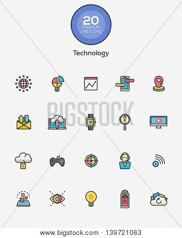 Set of Flat Line Color Technology icons. Vector