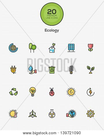Set of Flat Line Color Ecology icons. Vector