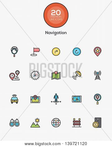 Set of Flat Line Color Navigation icons. Vector