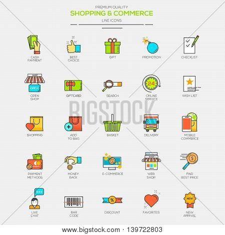 Flat Line Modern Color icons for Shopping and Commerce. Vector
