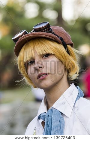 CAGLIARI, ITALY - May 29, 2016: Sunday at La Grande Jatte VIII Ed. At the Public Gardens - Sardinia - portrait of a beautiful girl in steampunk costume