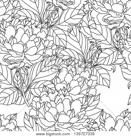 Seamless Peony bouquet.Vector. Coloring book page for adults. Hand drawn artwork. Love bohemia concept for wedding invitation, card, ticket, branding, logo, label. Gift for girl, women. Black and white