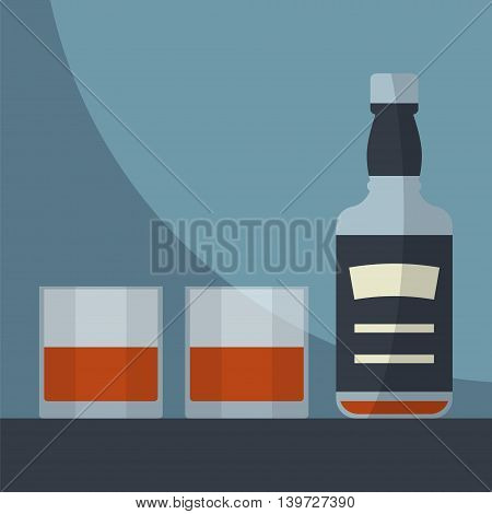 Whiskey empty bottle with two glasses filled. Serving alcohol. Simple flat vector.