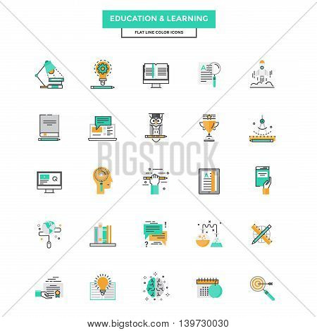 Set of Modern Flat Line icon Concept of Education Leaning Online Education Video Tutorial E-Learning and Thinking use in Web Project. Vector Illustration