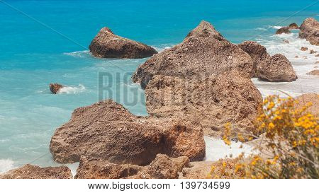 Kavalikefta beach,  Lefkada island, Greece. Picturesque view of rocky beach in summer sunny day