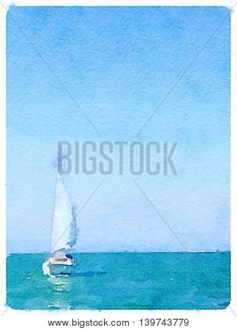 A digital watercolor painting of a sailing boat in the sea with its sails up and with space for text. A portrait picture.